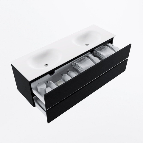MONDIAZ VICA meuble sous lavabo 150cm Urban 2 tiroirs. Lavabo MOON double sans trou de robinet, couleur Talc. SW1381891