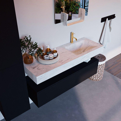 Mondiaz ALAN-DLUX Ensemble de meuble - 130cm - meuble Urban mat - 1 tiroir - Lavabo Cloud Opalo suspendu - vasque Droite - 1 trou de robinet SW806427