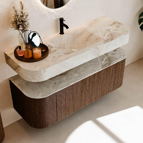 MONDIAZ THOR-DLUX 130cm meuble de salle de bains arrondi gauche + droite couleur Walnut avec 1 tiroir et 2 portes. Vasque suspendue CLOUD Milieu 1 trou de robinet couleur Frappe. SW1463557