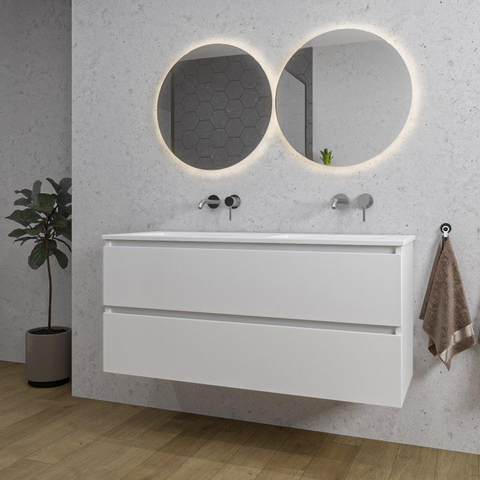 Saniclass Chaci Meuble de salle de bain - 120x45x55cm - lavabo en céramique brillant blanc - 2 vasques - sans trou de robinet - 2 tiroirs - blanc mat SW809393