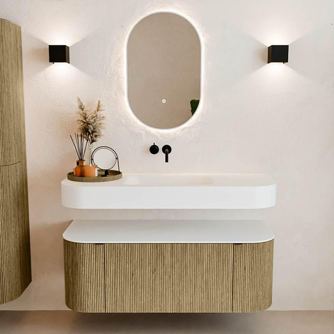 MONDIAZ THOR 120cm badmeubel ronding links + rechts kleur Dusk met 1 lade en 2 deuren. Vrijhangende wastafel CLOUD Midden zonder kraangat kleur Talc. SW1463228