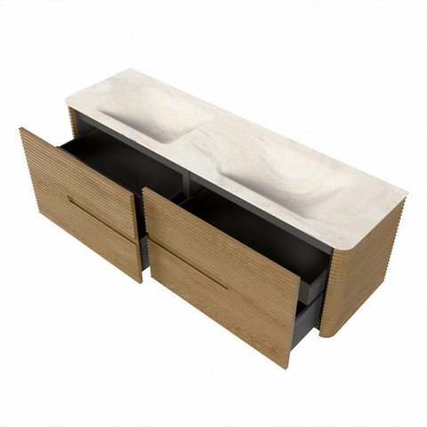 Mondiaz CIRO-DLUX Ensemble de meubles de salle de bains - 160x45x50cm - Plan vasque solid surface Ostra - 2 vasques double - 2 trous de robinetterie - 4 tiroirs - Chêne SW1530940
