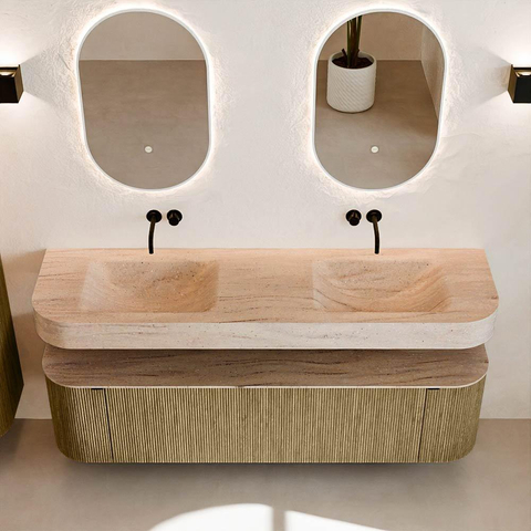 MONDIAZ THOR-DLUX Meuble de salle de bains - 170cm - arrondi gauche + droite - couleur Dusk - 1 tiroir - 2 portes - Vasque suspendue CLOUD Double sans trou de robinet - couleur Saba SW1465731