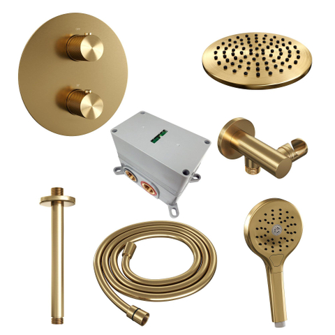 BRAUER Gold Carving mitigeur thermostatique encastré douche pluie - 3 voies - rond - ensemble 83 - douche principale 20cm - bras plafond - douchette 3 positions - flexible de douche - coude mural - or brossé PVD SW1159056