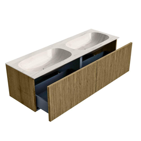 MONDIAZ KURVE-DLUX Meuble de salle de bains 140cm couleur Dusk avec 2 tiroirs et 0 portes. Lavabo STOR SMALL Double 2 trous de robinet Meli. SW1431954