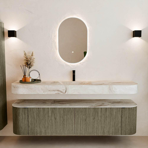 MONDIAZ THOR-DLUX 180cm meuble de salle de bains arrondi gauche + droite couleur Shadow avec 2 tiroirs et 2 portes. Vasque suspendue CLOUD Milieu 1 trou de robinet couleur Frappe. SW1466070