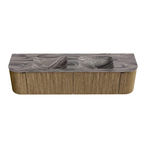 MONDIAZ KURVE-DLUX Meuble de salle de bains 180cm arrondi Gauche + Droite couleur Dusk avec 2 tiroirs et 2 portes. Lavabo LEAF Double sans trou de robinet Sombra. SW1433895