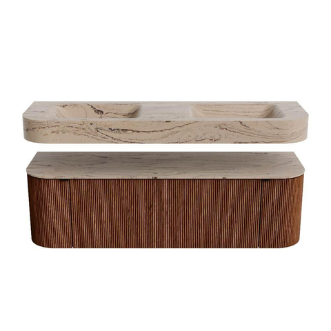 MONDIAZ THOR-DLUX 150cm meuble de salle de bains arrondi gauche + droite couleur Ruby avec 1 tiroir et 2 portes. Vasque suspendue CLOUD Double sans trou de robinet couleur Arena. SW1464754