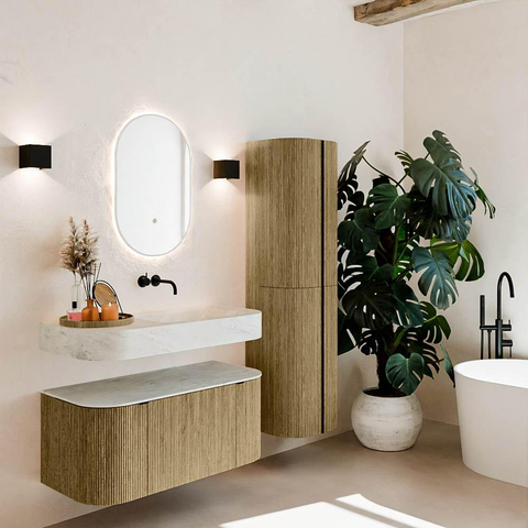 MONDIAZ THOR-DLUX 100cm meuble de salle de bains arrondi gauche + droite couleur Dusk avec 1 tiroir et 2 portes. Vasque suspendue CLOUD droite sans trou de robinet couleur Opalo. SW1467406