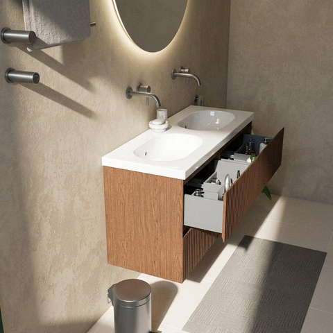 Saniclass Holz Atelier Ensemble de meubles de salle de bains - 120x45x63.5cm - lavabo Palermo en céramique blanc - 2 vasques - sans trous de robinet - 2 tiroirs - mat walnut pure (bois) SW1478632