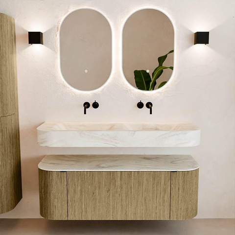 MONDIAZ THOR-DLUX Meuble de salle de bains 130cm arrondi gauche + droite couleur Dusk avec 1 tiroir et 2 portes. Vasque suspendue CLOUD Double sans trou de robinet couleur Ostra. SW1463528