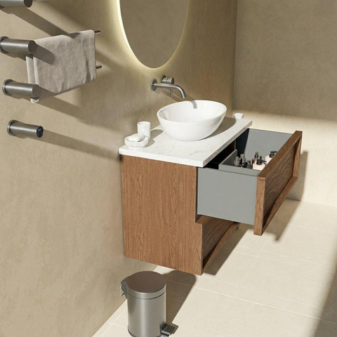 Saniclass Holz Frame Badkamermeubelset - 80x45x63cm - Dia marmeren wastafelblad gepolijst (wit) - zonder kraangat - 2 lades - mat walnut pure (hout) SW1579955