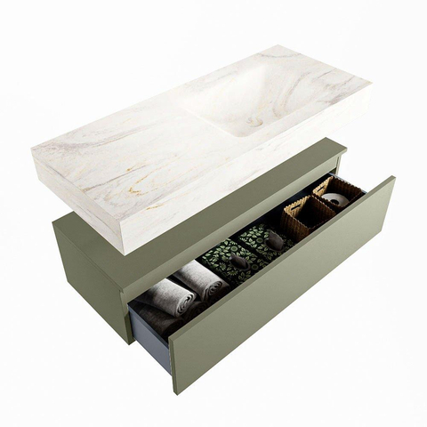 Mondiaz ALAN-DLUX Ensemble de meuble - 110cm - meuble - Army mat - 1 tiroir - Lavabo Cloud Ostra suspendu - vasque droite - 1 trou de robinet - Beige SW807745