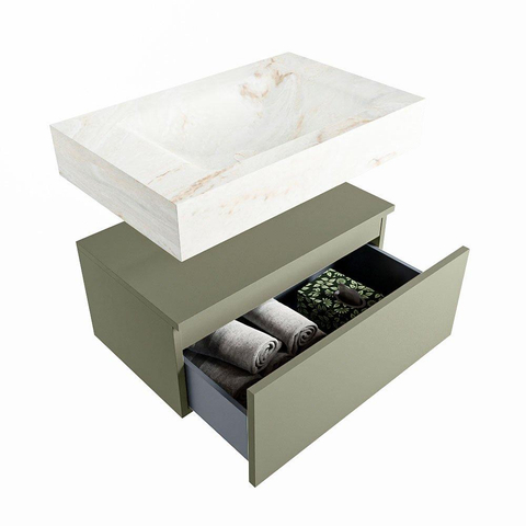 Mondiaz ALAN-DLUX Ensemble de meuble - 70cm - meuble Army mat - 1 tiroir - Lavabo Cloud Frappe suspendu - vasque Centre - 0 trous de robinet SW805276