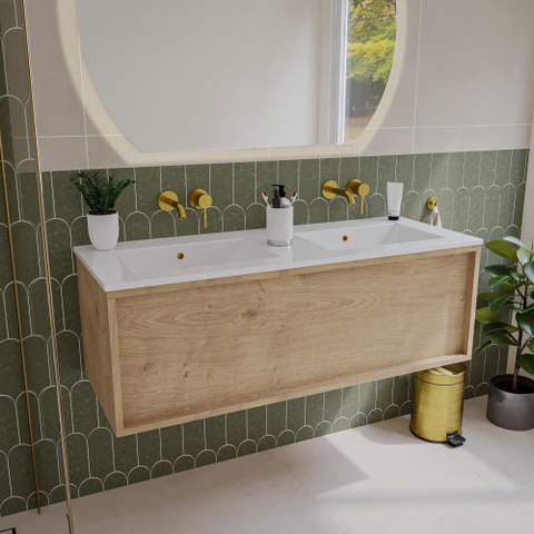 Saniclass Holz Frame Meuble de salle de bains - 120x45x40cm - 1 tiroir - 2 vasques - sans trous de robinet - trop-plein - Chêne naturel SW1437754