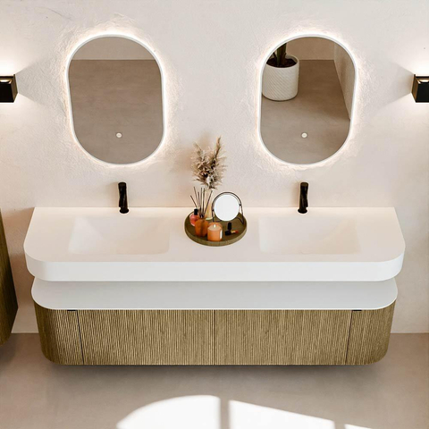 MONDIAZ THOR Meuble de salle de bains - 190cm - arrondi gauche + droite - couleur Dusk - 2 tiroirs et 2 portes - Lavabo suspendu CLOUD Double 2 trous de robinet - couleur Talc SW1466449