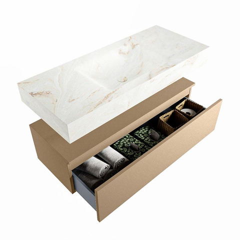Mondiaz ALAN-DLUX Ensemble de meuble - 110cm - meuble Oro mat - 1 tiroir - Lavabo Cloud Frappe suspendu - vasque Centre - 1 trou de robinet SW805268