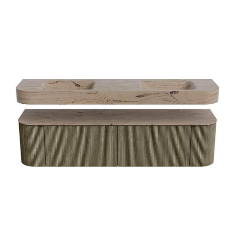 MONDIAZ THOR-DLUX 180cm meuble de salle de bains arrondi gauche + droite couleur Shadow avec 2 tiroirs et 2 portes. Vasque suspendue CLOUD Double sans trou de robinet couleur Arena. SW1466144
