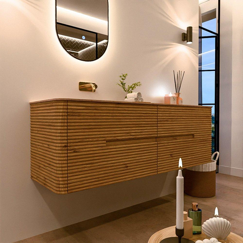 Mondiaz CIRO-DLUX Ensemble de meubles de salle de bains - 150x45x50cm - Plan-vasque en solid surface Saba - 1 vasque à gauche - sans trous de robinet - 4 tiroirs - Chêne SW1531204