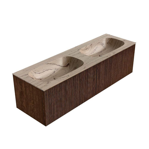 MONDIAZ KURVE-DLUX 150cm badmeubel kleur Walnut met 2 lades en 0 deuren. Wastafel STOR SMALL Dubbel 2 kraangaten Arena. SW1431256