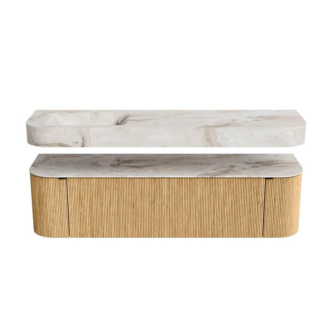 MONDIAZ THOR-DLUX 170cm badmeubel ronding links + rechts kleur Oak met 1 lade en 2 deuren. Vrijhangende wastafel CLOUD Links 1 kraangat kleur Frappe. SW1465422