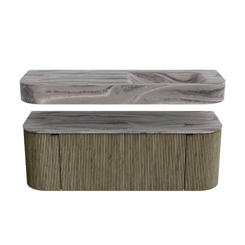 MONDIAZ THOR-DLUX 130cm meuble de salle de bains arrondi gauche + droite couleur Shadow avec 1 tiroir et 2 portes. Vasque suspendue CLOUD Droite 1 trou de robinet couleur Sombra. SW1463909