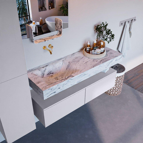 Mondiaz ALAN-DLUX Ensemble de meuble - 130cm - meuble Cale mat - 2 tiroirs - Lavabo Cloud Glace suspendu - vasque Gauche - 0 trous de robinet SW805983