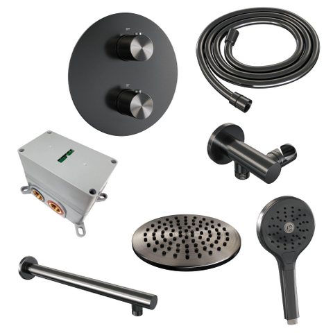 BRAUER Gunmetal Edition douche thermostatique encastrée - 3 voies - rond - ensemble 79 - douche principale de 20 cm - bras mural droit - douchette à main 3 positions - flexible de douche - coude mural - gunmetal brossé PVD SW1159109