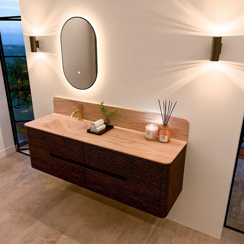 Mondiaz CIRO-DLUX Ensemble de meubles de salle de bains - 160x45x50cm - Vasque en solid surface Saba - 1 lavabo à gauche - 1 trou de robinet - 4 tiroirs - Noyer SW1530706