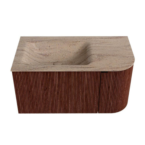 MONDIAZ KURVE-DLUX Meuble de salle de bains 85 cm arrondi droite couleur Ruby avec 1 tiroir et 1 porte. Lavabo CLOUD gauche sans trou de robinet Saba. SW1433441