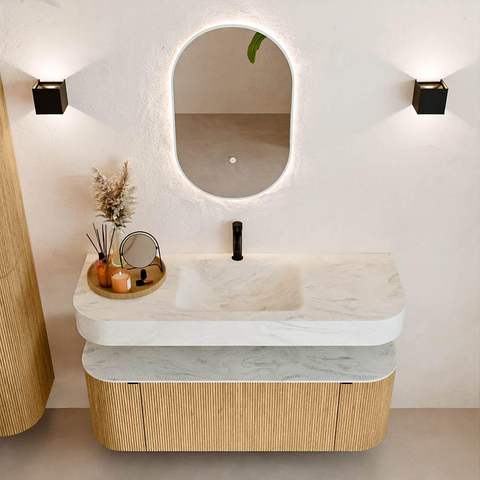 MONDIAZ THOR-DLUX 130cm meuble de salle de bains arrondi gauche + droite couleur Oak avec 1 tiroir et 2 portes. Vasque suspendue CLOUD Milieu 1 trou de robinet couleur Opalo. SW1463542