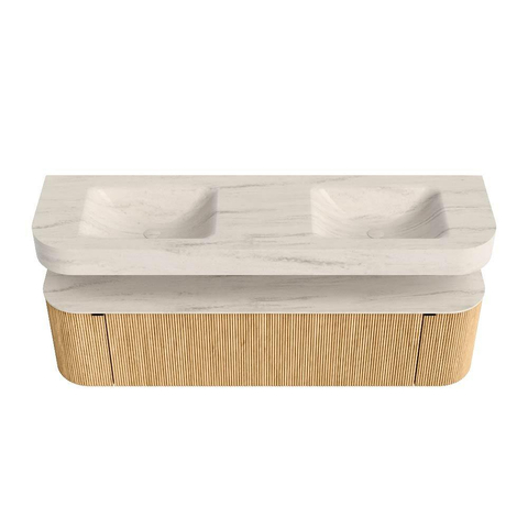 MONDIAZ THOR-DLUX Meuble de salle de bains - 170cm - arrondi gauche + droite - couleur Oak - 1 tiroir - 2 portes - Vasque suspendue CLOUD Double 2 trous de robinet - couleur Meli SW1465739