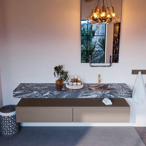 Mondiaz ALAN-DLUX Ensemble de meuble - 200cm - meuble Smoke mat - 2 tiroirs - Lavabo Cloud Lava suspendu - vasque Droite - 1 trou de robinet SW808126