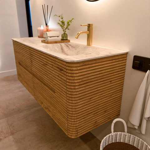 Mondiaz CIRO-DLUX Badkamermeubelset - 130x45x50cm - Solid surface wastafel Frappe - 1 wasbak Rechts - 1 kraangat - 4 lades - Oak SW1530855