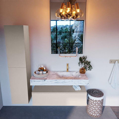 Mondiaz ALAN-DLUX Ensemble de meuble - 110cm - meuble Linen mat - 1 tiroir - Lavabo Cloud Glace suspendu - vasque Droite - 1 trou de robinet SW805637