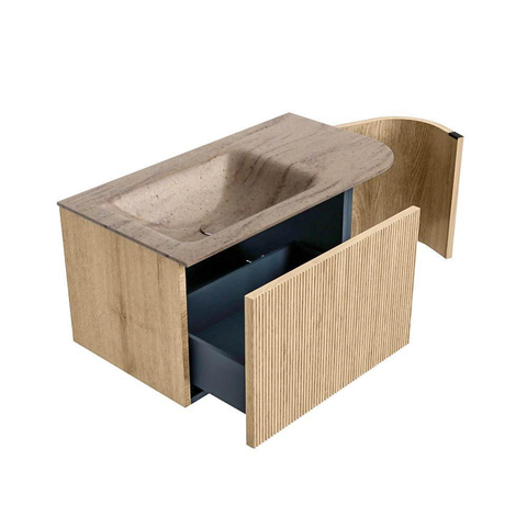 MONDIAZ KURVE-DLUX Meuble de salle de bains 85cm arrondi Droite couleur Chêne avec 1 tiroir et 1 porte. Lavabo CLOUD Gauche sans trou de robinet Saba. SW1433041