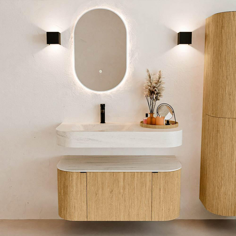 MONDIAZ THOR-DLUX Meuble de salle de bains - 100cm - arrondi gauche + droite - couleur Oak - 1 tiroir - 2 portes - Vasque suspendue CLOUD Gauche 1 trou de robinet - couleur Meli SW1467471