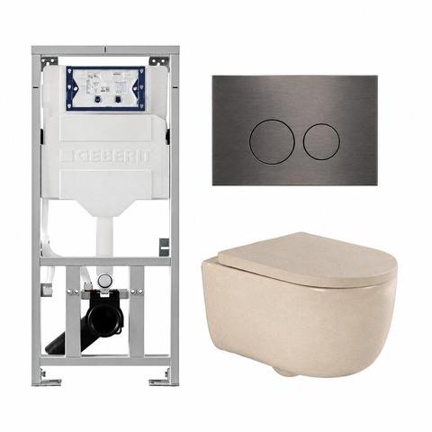 QeramiQ Dely Swirl Toiletset - 36.3x51.7cm - Geberit UP320 inbouwreservoir - met Burda frame - 35mm zitting - gunmetal bedieningsplaat - ronde knoppen - mat beige SW1138592