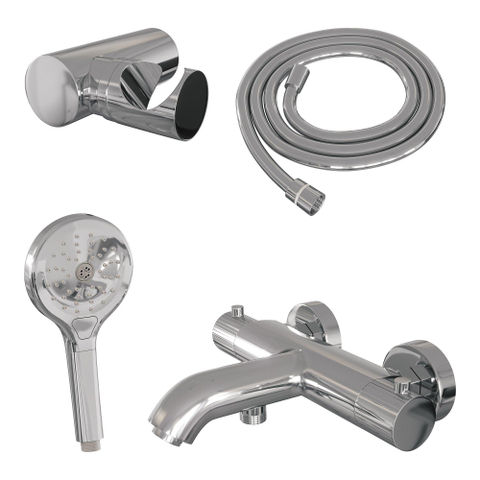 BRAUER Stripe Mitigeur thermostatique douche bain SET 04 - apparent - support mural - douchette à main 3 positions - flexible de douche - chrome SW1434719
