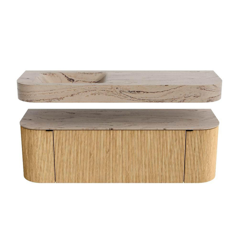 MONDIAZ THOR-DLUX Meuble de salle de bains 140cm arrondi gauche + droite couleur Oak avec 1 tiroir et 2 portes. Vasque suspendue CLOUD Gauche sans trou de robinet couleur Arena. SW1464356