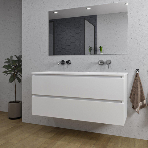 Saniclass Chaci Meuble de salle de bain - 120x46x55cm - lavabo en céramique blanc - 2 vasques - sans trous de robinet - 2 tiroirs - miroir rectangulaire - blanc mat SW816576