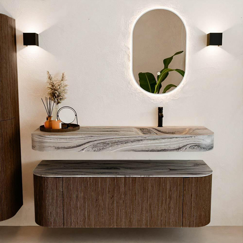 MONDIAZ THOR-DLUX 140cm meuble de salle de bains arrondi gauche + droite couleur Walnut avec 1 tiroir et 2 portes. Vasque suspendue CLOUD droite 1 trou de robinet couleur Sombra. SW1464361