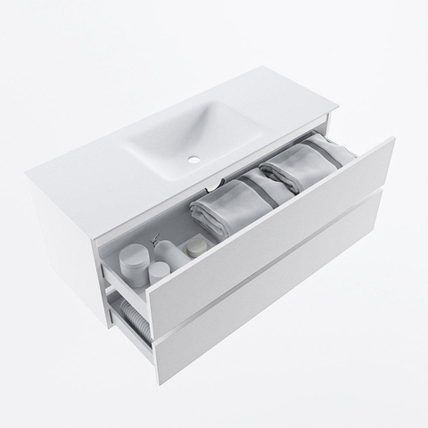 MONDIAZ VICA Meuble de salle de bains 120cm sous-meuble Talc 2 tiroirs. Lavabo CLOUD central sans trou de robinet, couleur Talc. SW1381895