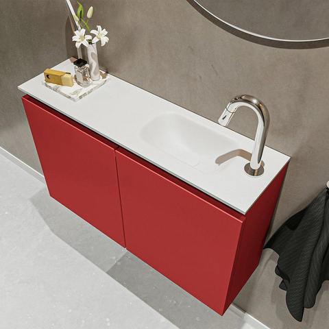 MONDIAZ TURE Toiletmeubel 80x23x50cm met 1 kraangaten 2 deuren fire mat Wastafel Eden rechts Solid Surface Wit SW475027