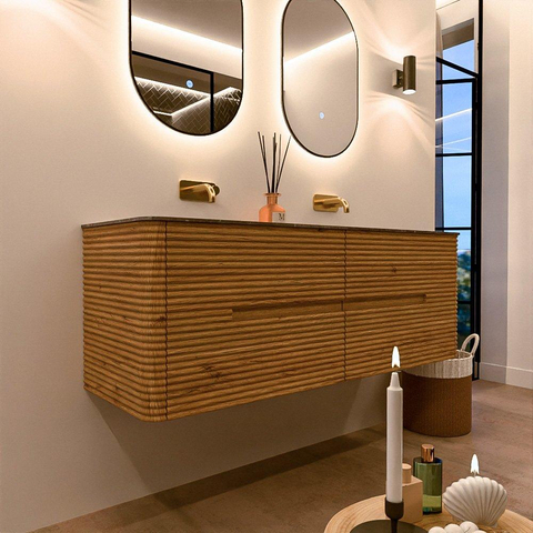 Mondiaz CIRO-DLUX Badkamermeubelset - 140x45x50cm - Solid surface wastafel Oza - 2 wasbak Dubbel - zonder kraangaten - 4 lades - Oak SW1531125