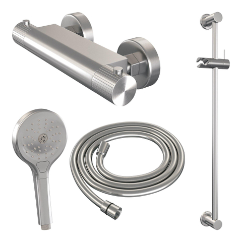 BRAUER Stripe Mitigeur thermostatique douche en saillie - SET 02 - barre coulissante - douchette 3 positions - flexible de douche - couleur inox brossé PVD SW1435051