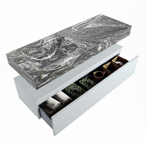 Mondiaz ALAN-DLUX Ensemble de meuble - 130cm - meuble Clay mat - 1 tiroir - Lavabo Cloud Lava suspendu - vasque Gauche - 1 trou de robinet SW809304