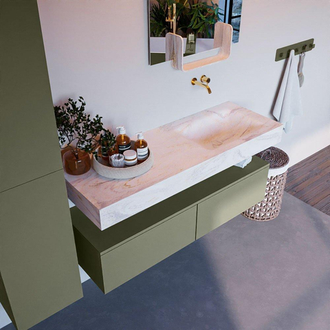 Mondiaz ALAN-DLUX Ensemble de meuble - 130cm - meuble Army mat - 2 tiroirs - Lavabo Cloud Ostra suspendu - vasque Droite - 0 trous de robinet SW807663