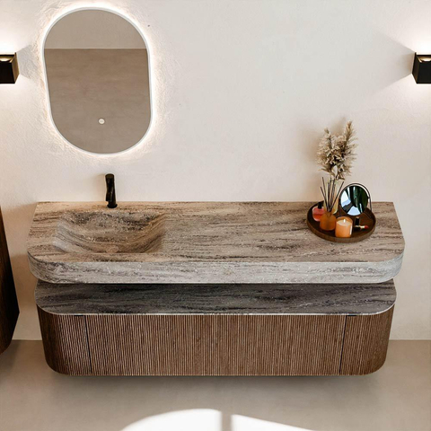 MONDIAZ THOR-DLUX 170cm badmeubel ronding links + rechts kleur Walnut met 1 lade en 2 deuren. Vrijhangende wastafel CLOUD Links 1 kraangat kleur Oza. SW1465683
