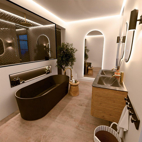 Mondiaz CIRO-DLUX Meuble de salle de bains - 130x45x50cm - Lavabo solid surface Lava - 2 vasques Double - 2 trous de robinet - 4 tiroirs - Chêne SW1531097